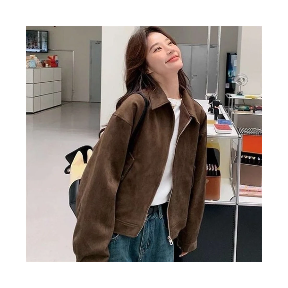 여성 카라 스웨이드 재킷 오버핏 세미크롭 상품 이미지